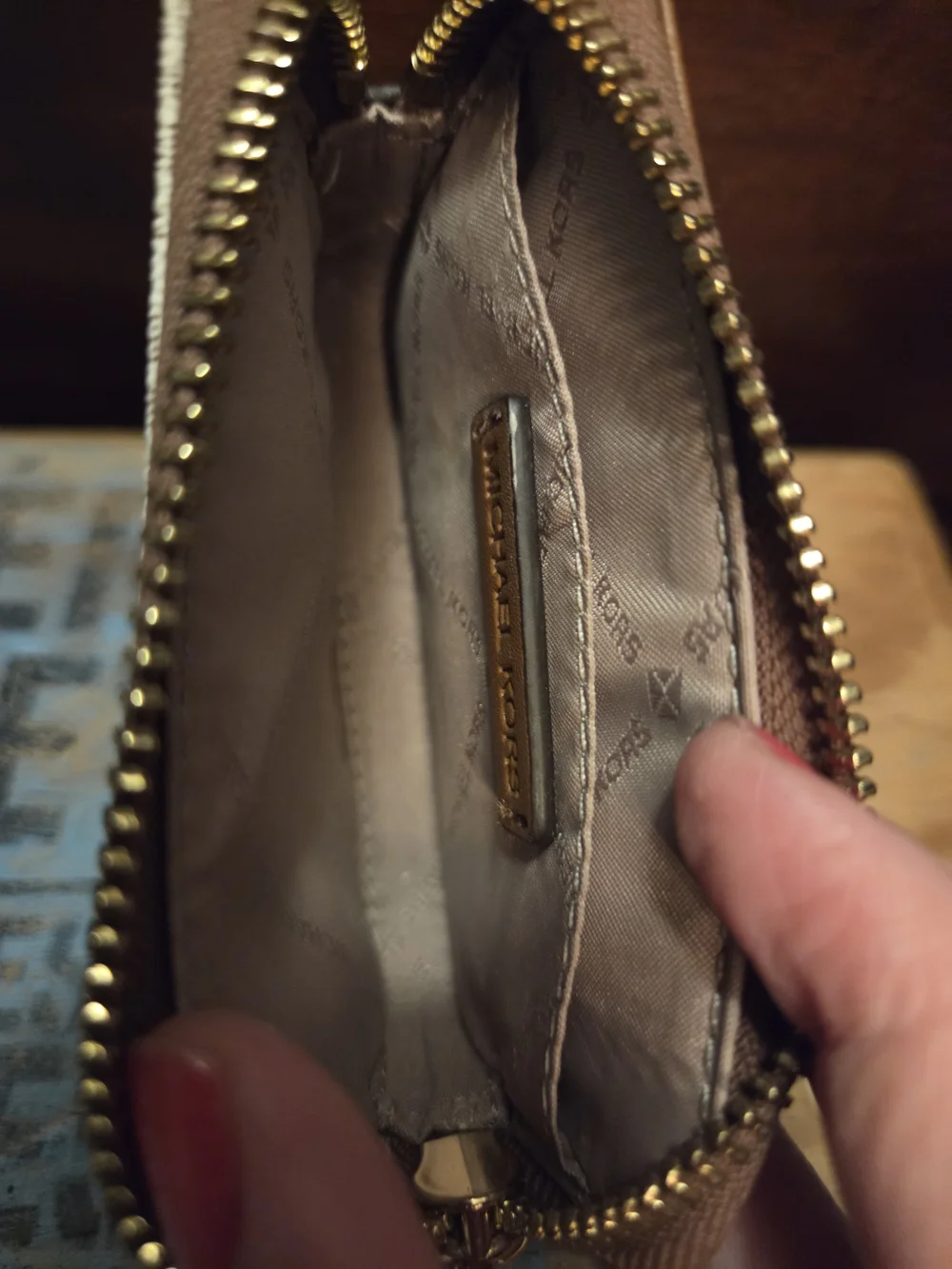 Michael Kors Beige Logo Wristlet with Gold Chain Strap